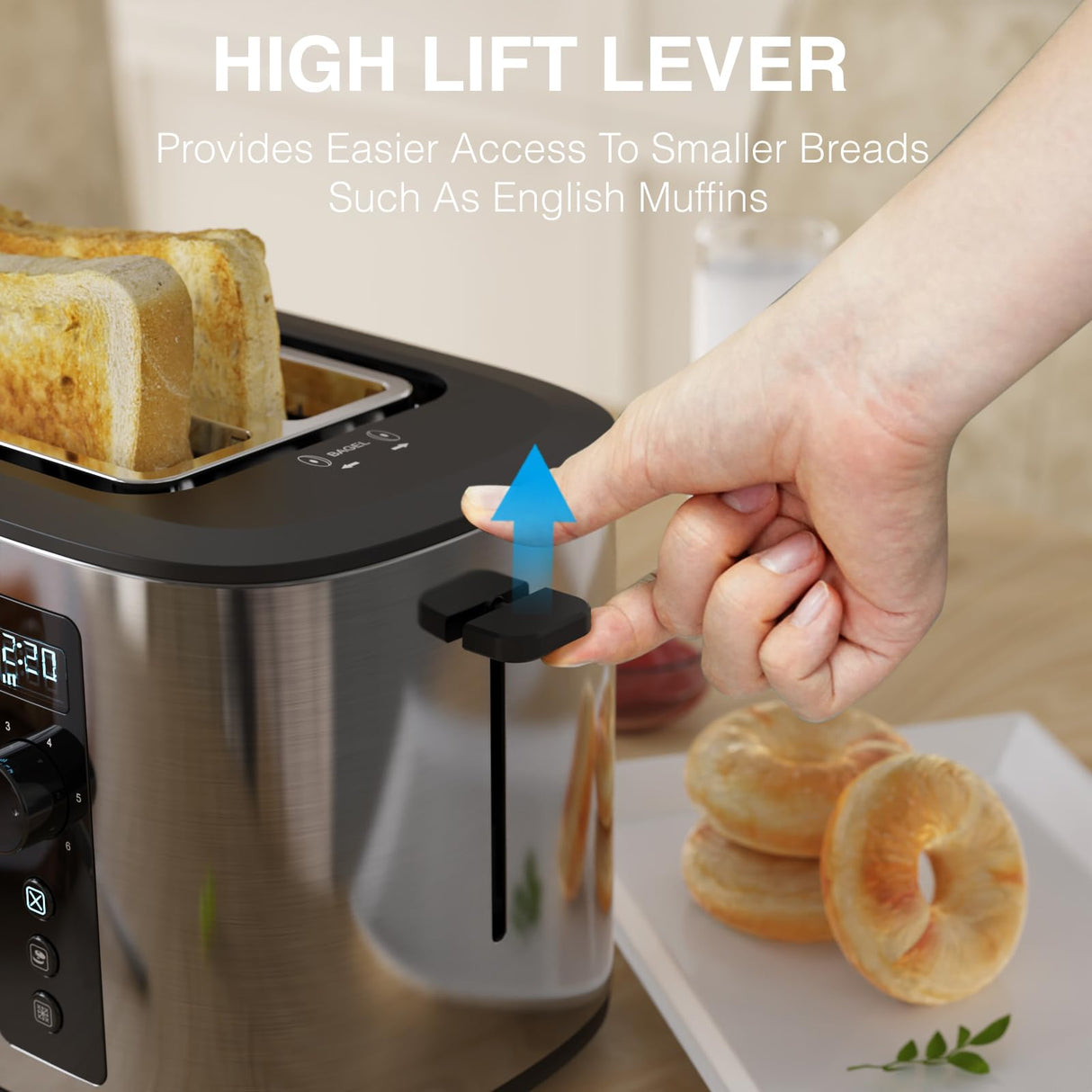 Anfilank Extra Wide Slot 2-Slice Toaster with Digital Countdown Timer, Stainless Steel, 6 Browning Settings, Built-in Warming Rack, Cancel/Bagel/Defrost Functions Anfilank