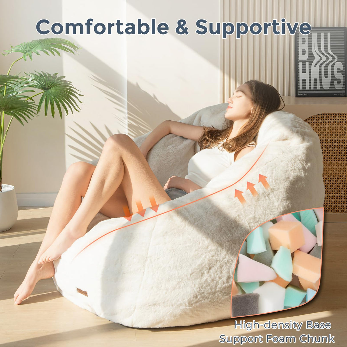 MAXYOYO Giant Bean Bag Chair, Oversized Bean Bag Couch for Adults and Kids, Faux Fur Shell-Shaped Large Bean Bag Chair with Filler, Stuffed Big Accent Sofa Chair Floor Sofa for Gaming, Reading, Beige MAXYOYO