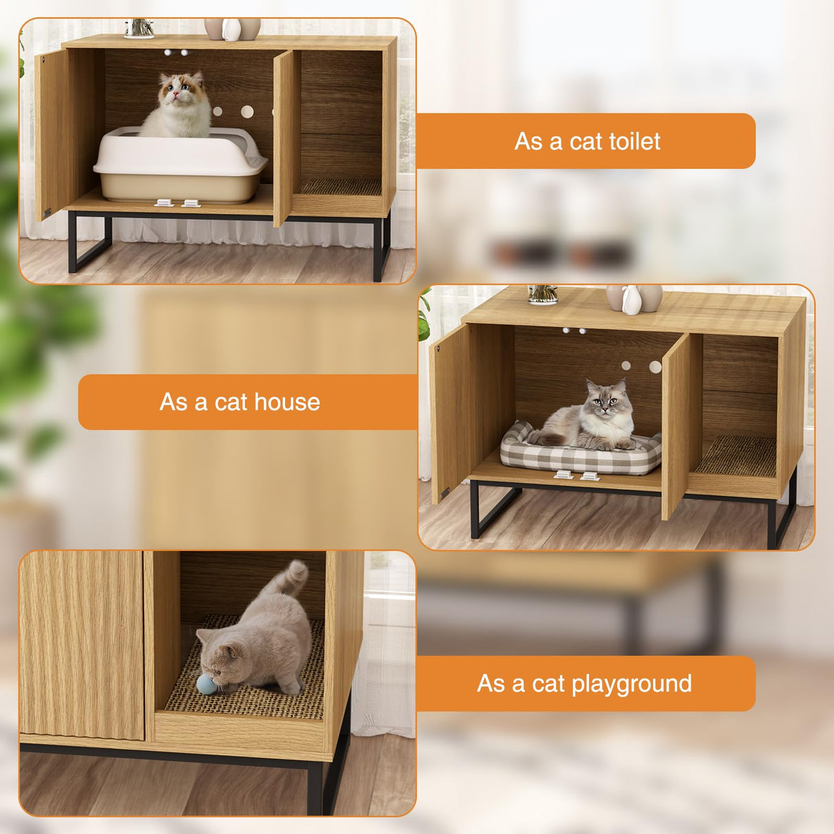 Cat Litter Box Enclosure, Fluted Hidden Litter Box Furniture with Scratch Pad and Metal Legs, Modern Enclosed Cat Cabinet, 31.5 x 17.7 x 21.7 Inches Indoor Pet House for Living Room, Washroom, Natural FiveWillowise