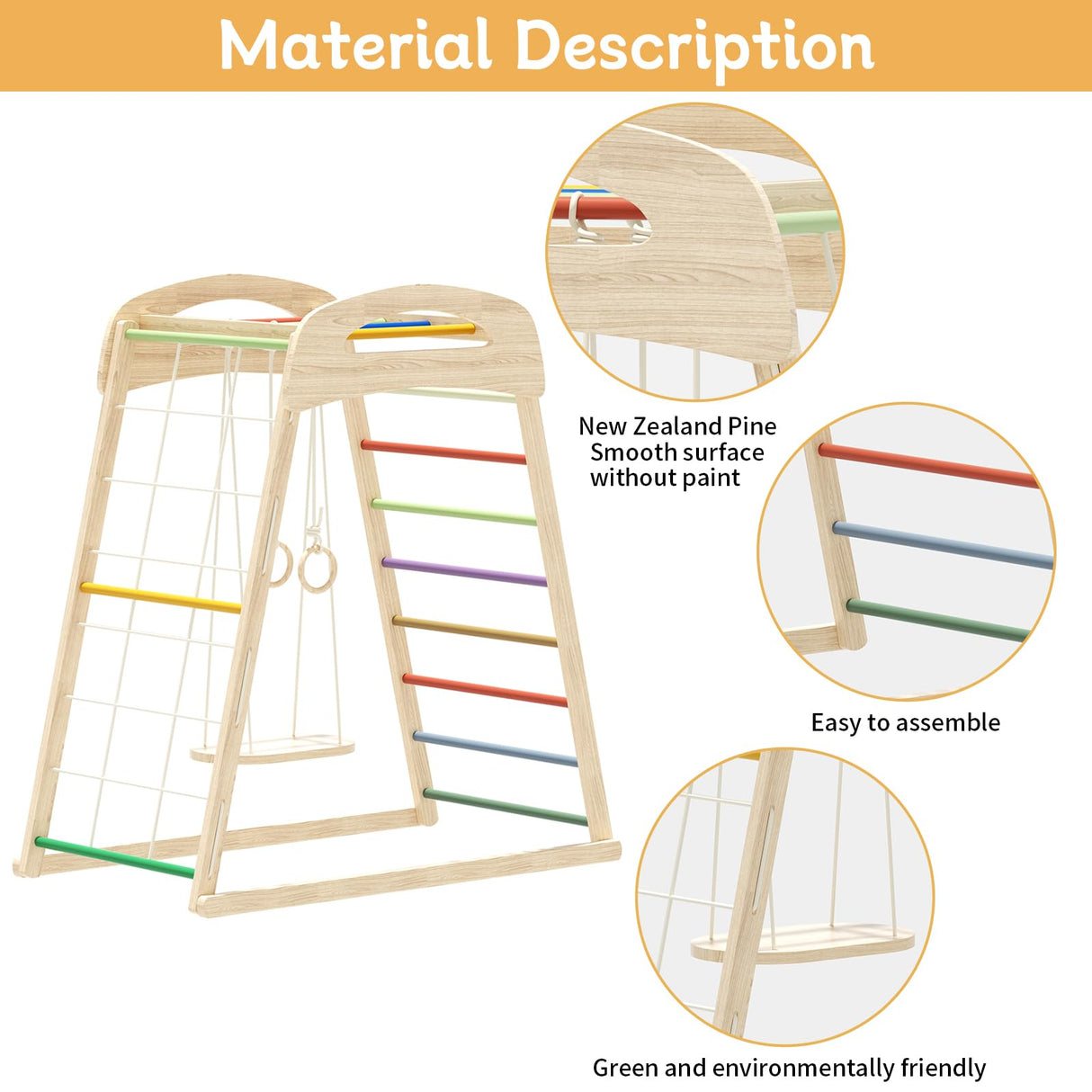 HSSZXFR Indoor Playground for Kids 3-8 Years Old, Jungle Gym Toddler Playset Wooden, Toddler Indoor Play Kids Climbing Gym with Swing, Rope Wall Climber, Pull Tab HSSZXFR