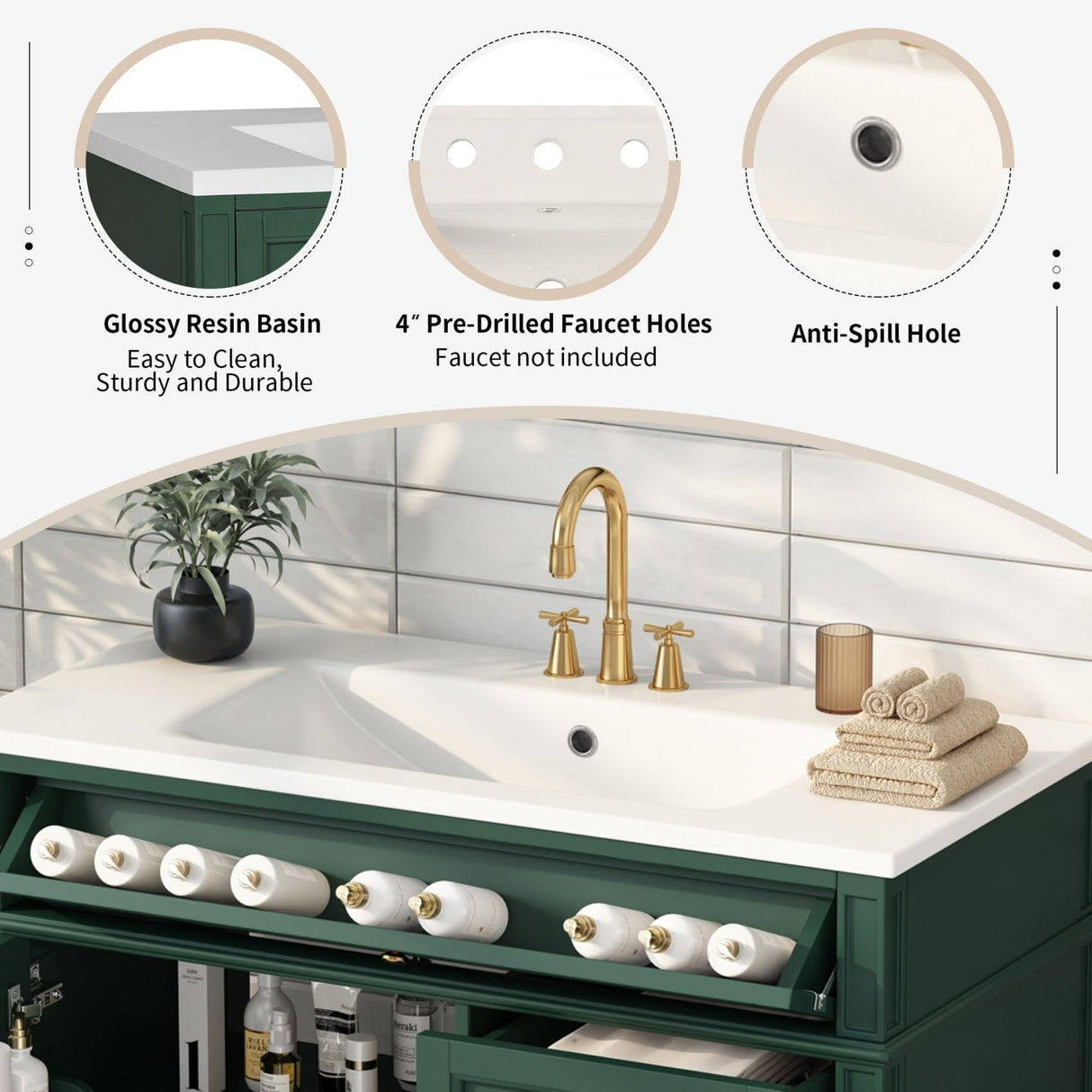 36'' Bathroom Vanity with Top Single Resin Sink Countertop, Solid Wood Frame Modern Storage Cabinet, Tip-Out Drawer, Soft Closing Doors, Green Merax