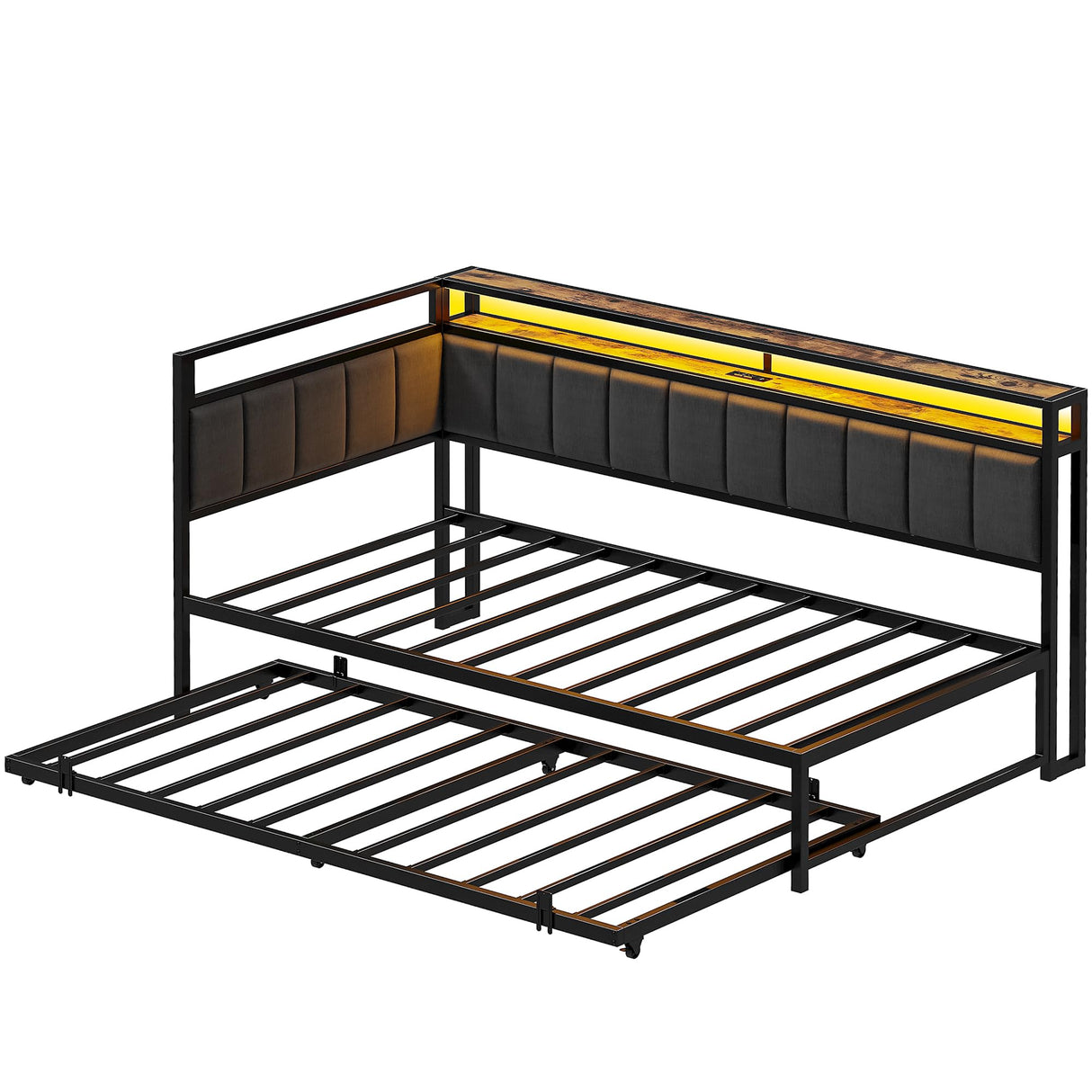 LIKIMIO Corner Twin Bed Frame with Trundle, Upholstered Storage Headboard & LED Lights, Twin Size Daybed with Charging Station, Sturdy Platform Metal Frame for Living Room, Bedroom, Guest Room, Gray LIKIMIO