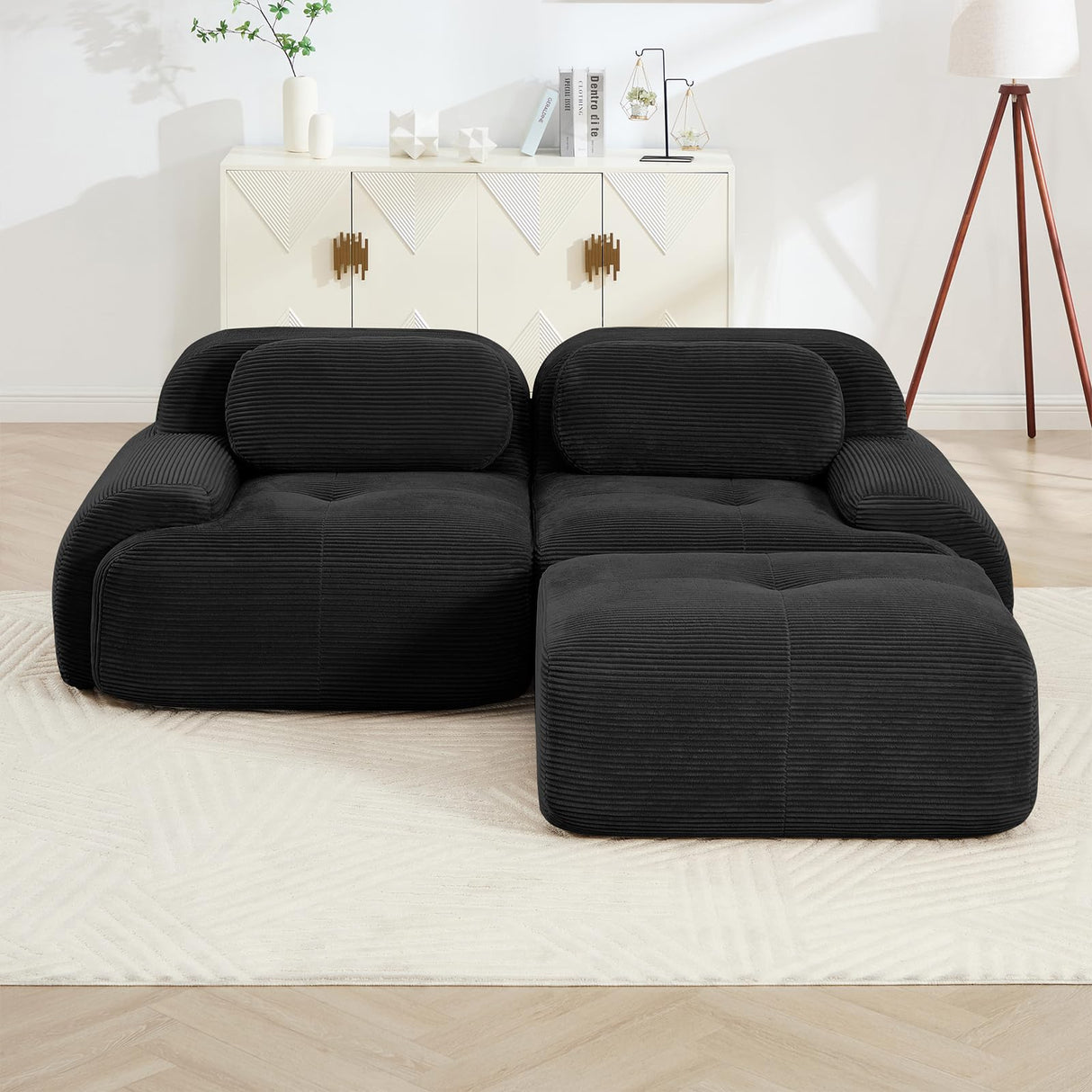 82" Modern Corduroy Boneless Love Seat Couches with 1 Ottoman, 2 Seater Large Sectional Couches for Living Room, Black Cloud Modular Sectional Sofa, Memory Foam, Extra Deep Loveseat, No Assembly ZenNook