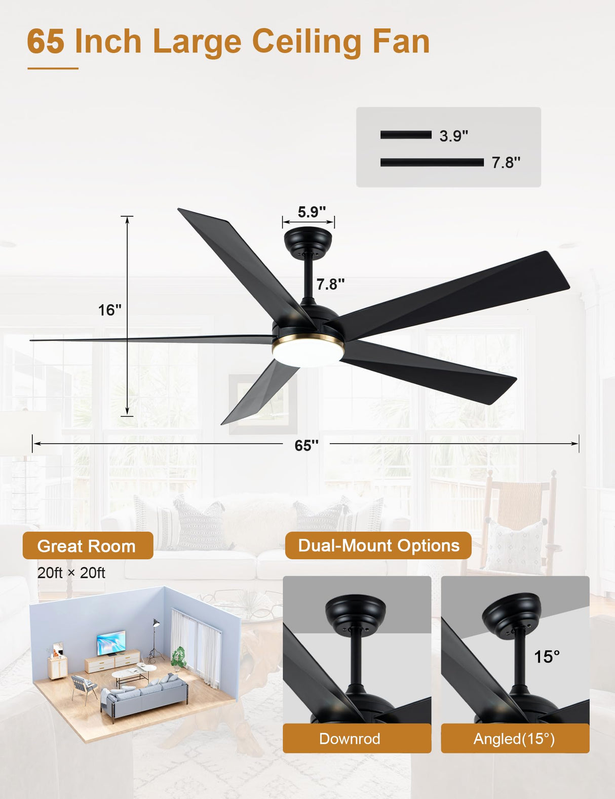 Curve Curio 65 Inch Ceiling Fans with Lights, Black Large Modern Ceiling Fan with Remote Control for Living Room Kitchen, 3 CCT, 6 Speed Reversible DC Motor (Black-Rattan) Curve Curio