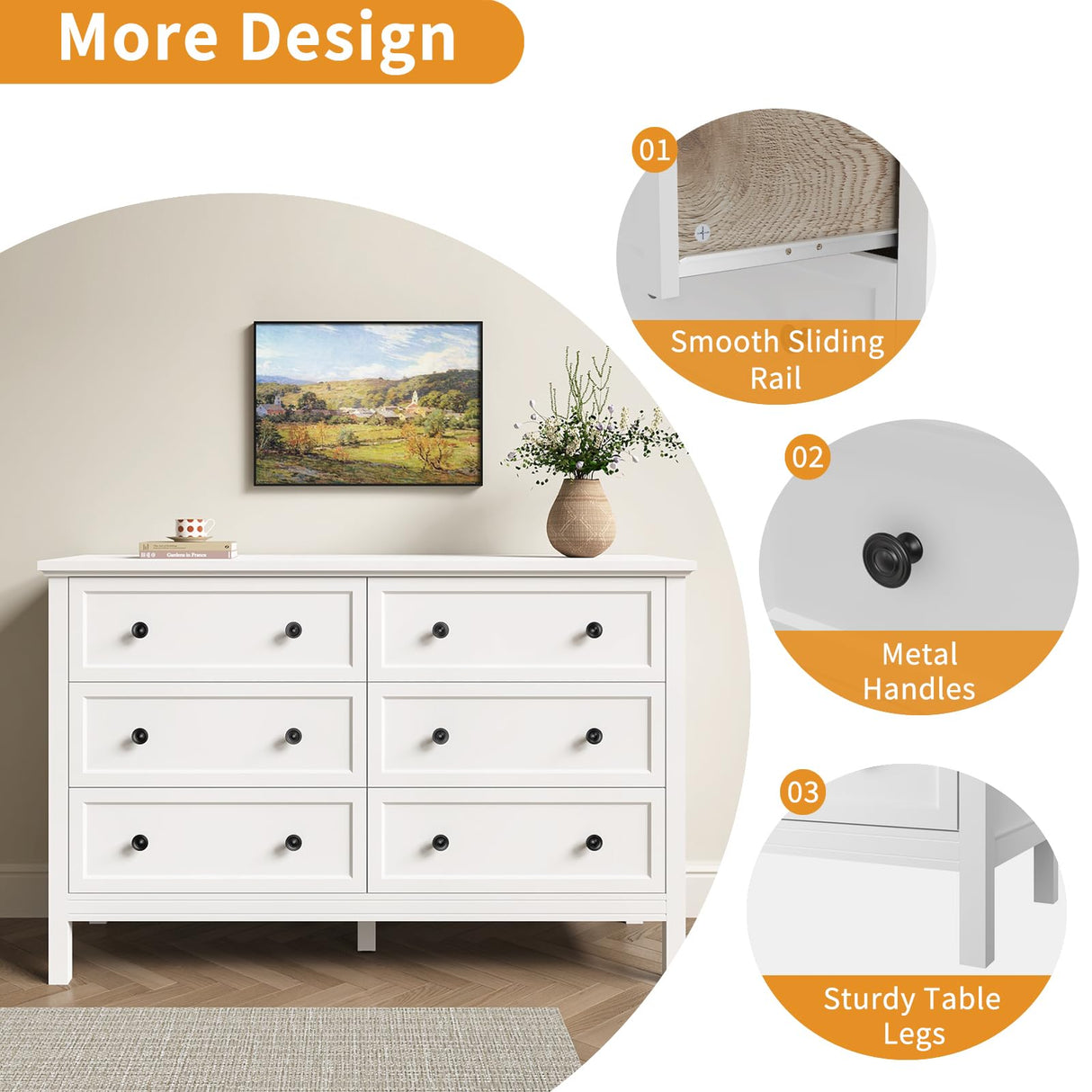 LYNSOM White Dresser for Bedroom, Modern 6 Drawer Double Dresser with Deep Drawer and Metal Handle, Wood Dressers & Chests of Drawers for Hallway, Entryway LYNSOM