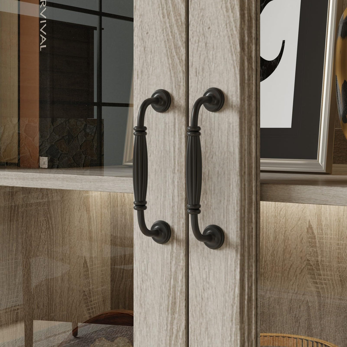 TAMUNE Display Cabinet with Lights, Bookcase Display Case Cabinet with 4 Glass Doors and 4-Tier Shelves, for Collectible, Grey Wood Grain 18.7" D x 68.5" W x 69.1" H TAMUNE