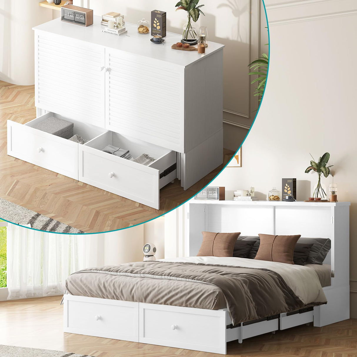 BALUS Queen Murphy Bed, Chest Murphy Beds with USB Chariging Station & Storage Drawer, Wooden Cabinet Beds with Tri Fold Mattress, Queen Hidden Bed for Living Room/Bedroom -White BALUS