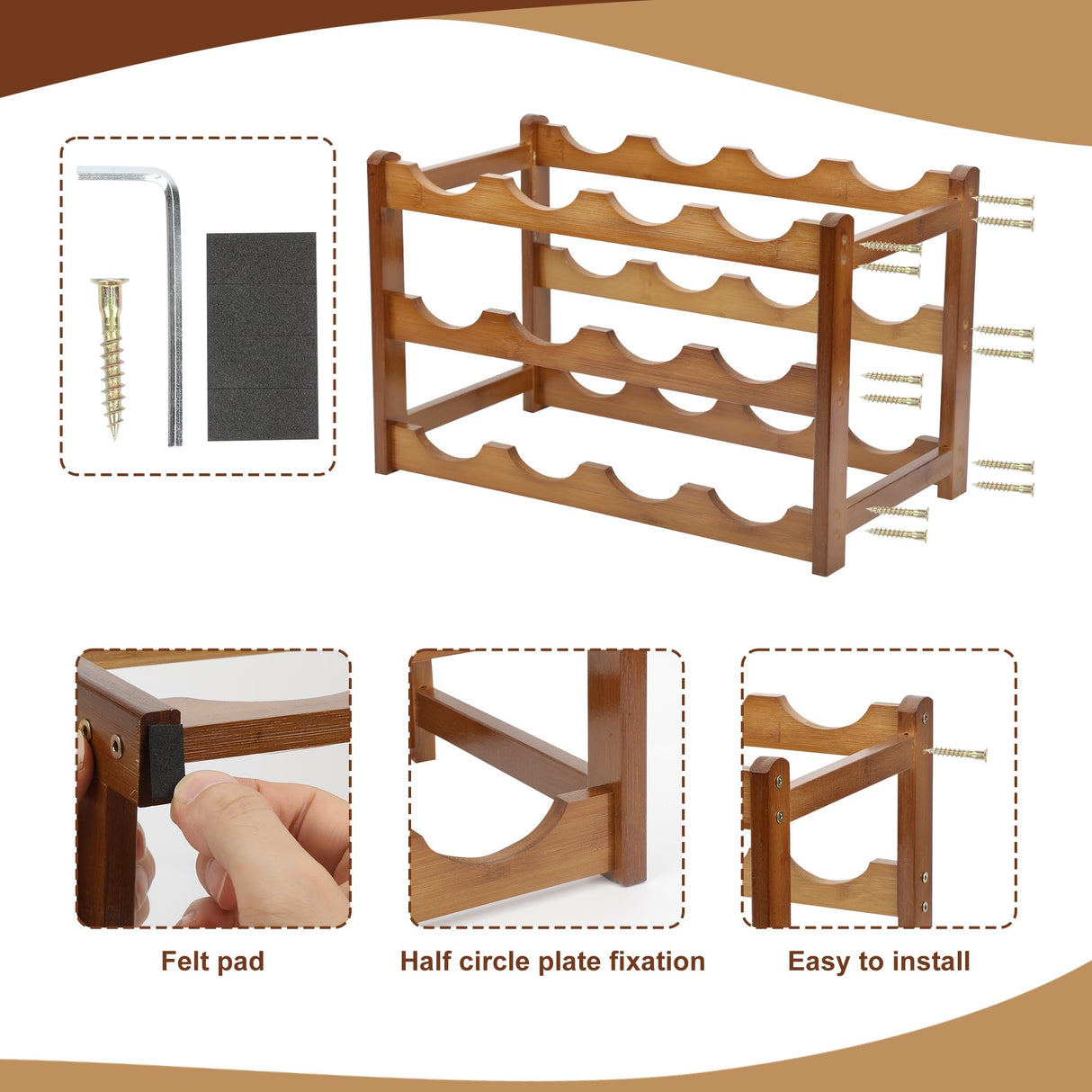 CAMOAT Bamboo Wine Rack,Wine Racks Countertop, Small Wine Rack Freestanding Floor,3 Tiers 12 Bottles Wine Rack,Sturdy and Durable Wine Rack Shelf for Cabinets Kitchen,Home Bar,Wine Storage CAMOAT