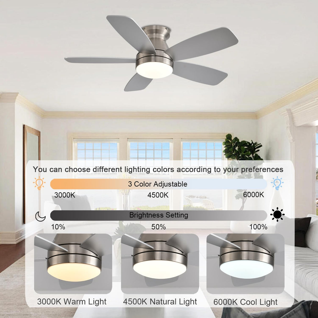 JSAITEE Ceiling Fans with Lights, 42 Inch Low Profile Ceiling Fan with Light and Remote/App Control, Flush Mount, Reversible, 3CCT, Dimmable, Noiseless, Nickel Ceiling Fan for Indoor/Outdoor Use JSAITEE