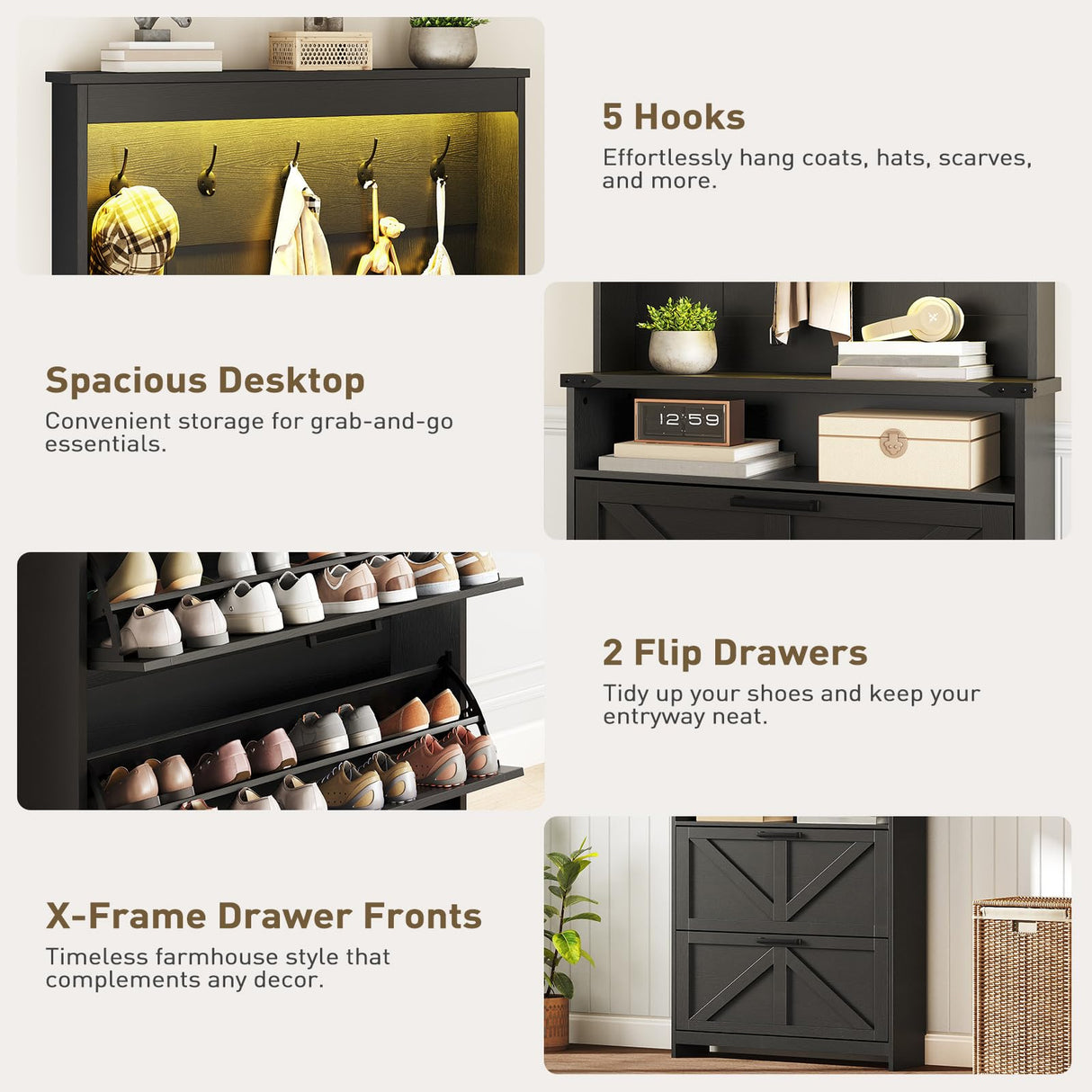 Farmhouse Shoe Storage Cabinet with 2 Flip Drawers & Coat Rack, LED Light, Hall Tree with Hidden Shoe Cabinet, Freestanding Shoes Organizer Cabinet for Entryway, Hallway, and Living Room, Black RALGEND