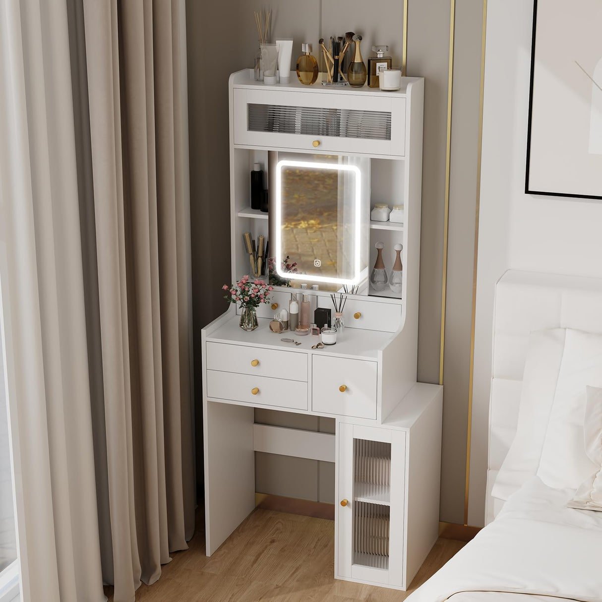 ARTETHYS Small Vanity Desk with Sliding Mirror and Lights White Makeup Vanities Set with Drawers Compact Dressing Table with Cabinet and Adjustable Shelves for Bedroom ARTETHYS