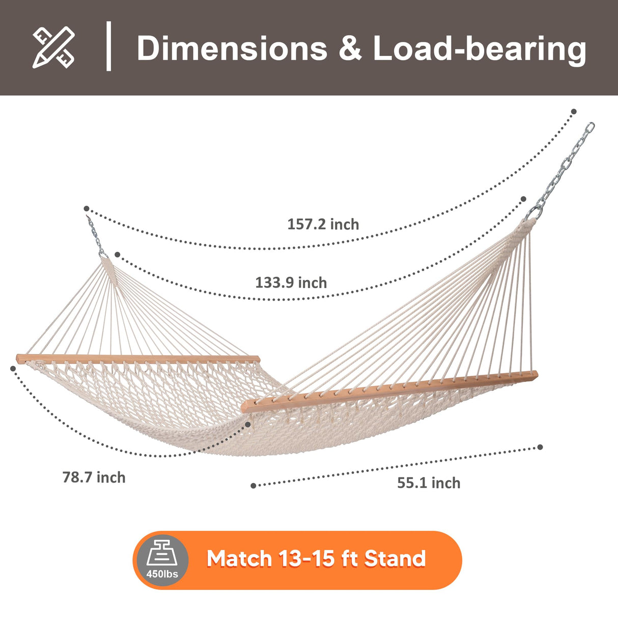 SUNCREAT Hammocks Traditional Rope Double Hammock with Hardwood Spreader Bar and Carrying Bag, 450 lbs Capacity, Natural SUNCREAT