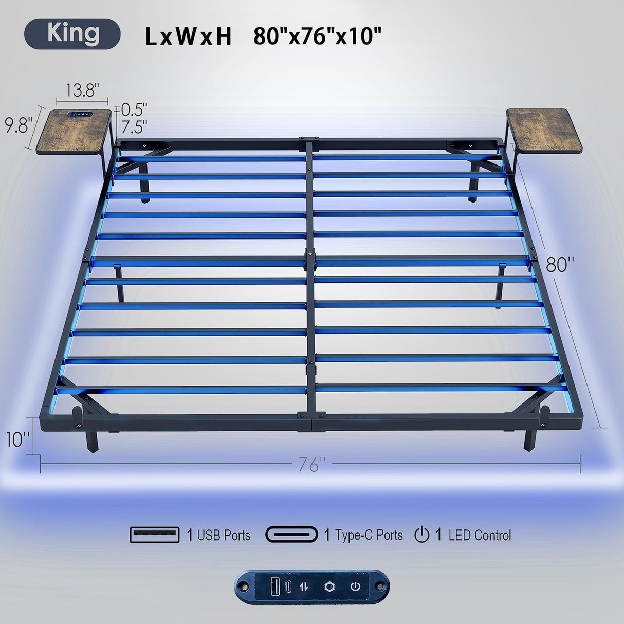 Bigu Floating Bed Frame King with Bedside Tables, Charging Station and LED Lights Metal Platform, Black Bigu