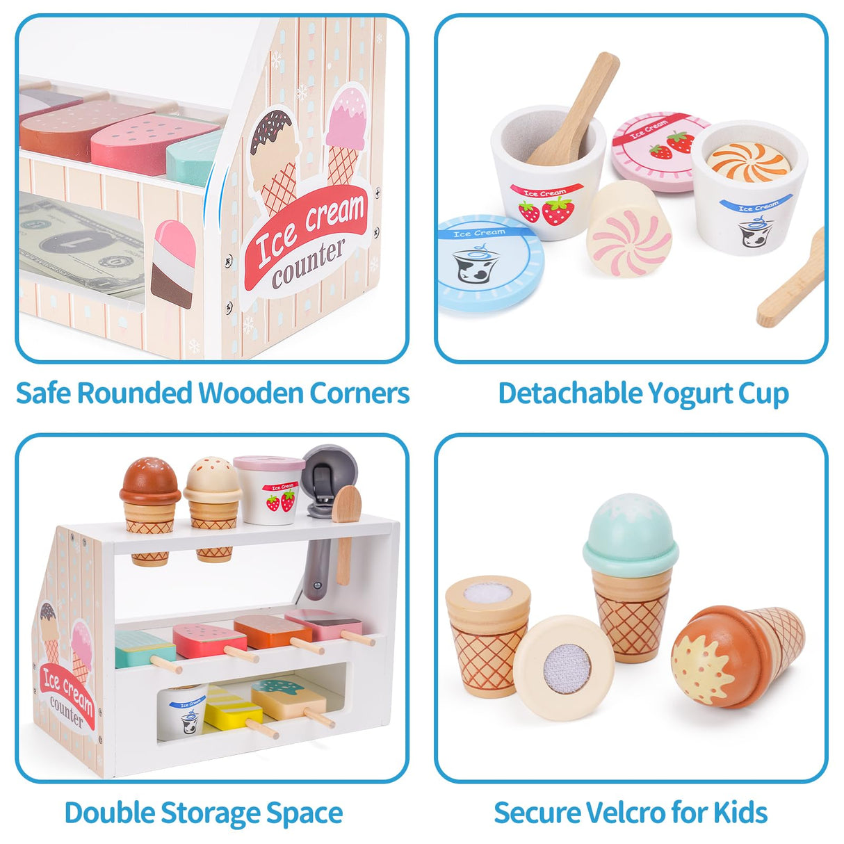 Wooden Ice Cream Counter Playset for Kids, Toddler Girl Toys Kitchen Playset Pretend Play Gifts for 3 4 5 6 Year Old Girl or Boy, Play Food Scoop and Serve, Play Kitchen Sets for Kids Ages 4-8 Melofaver