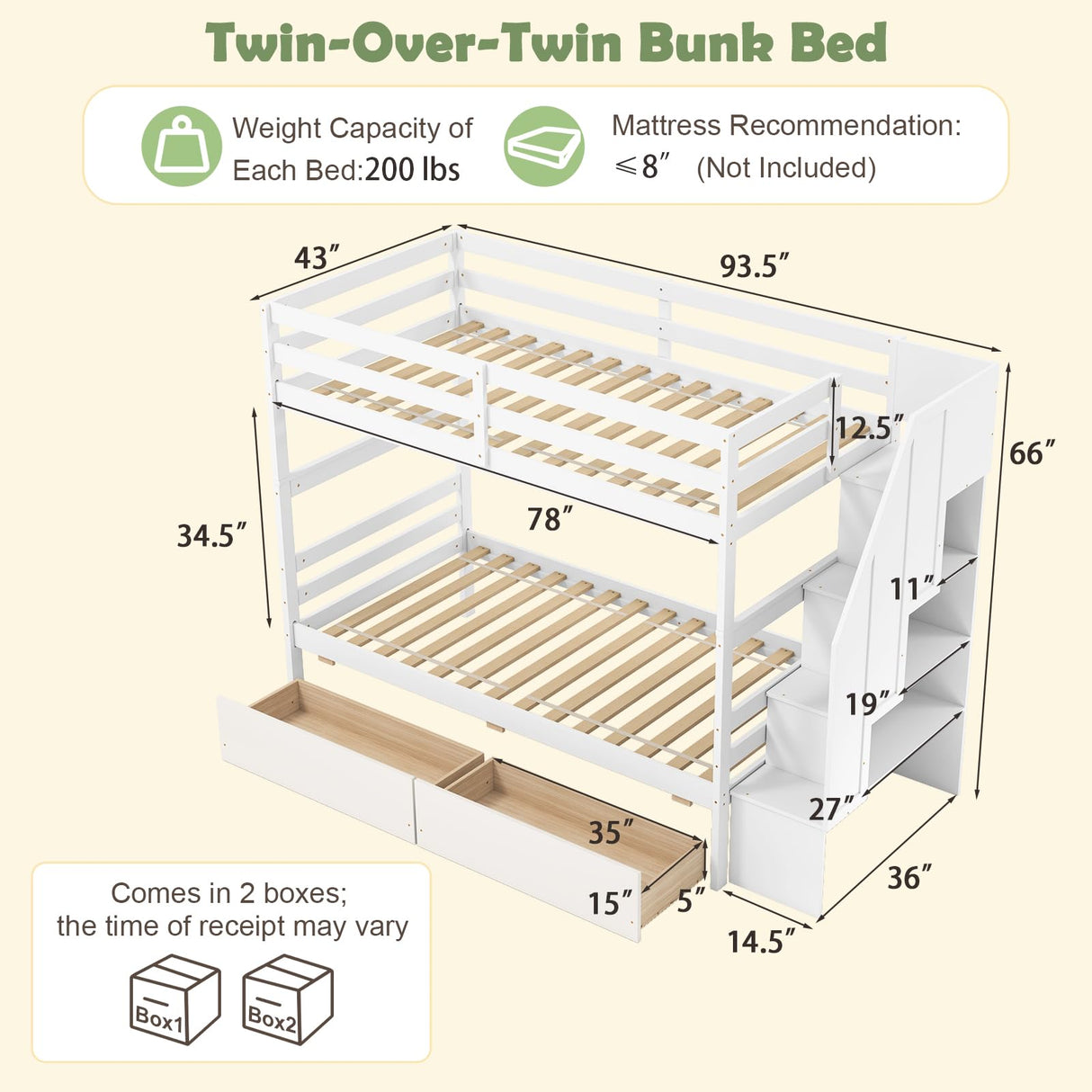 KOMFOTT Wood Twin Over Twin Bunk Bed with Storage Drawers & Stairs, Bunk Beds with Bookcase & Safety Guardrail, Solid Wood Slatted Bunk Bed for Kids Teens Adults, No Box Spring Needed (White) KOMFOTT
