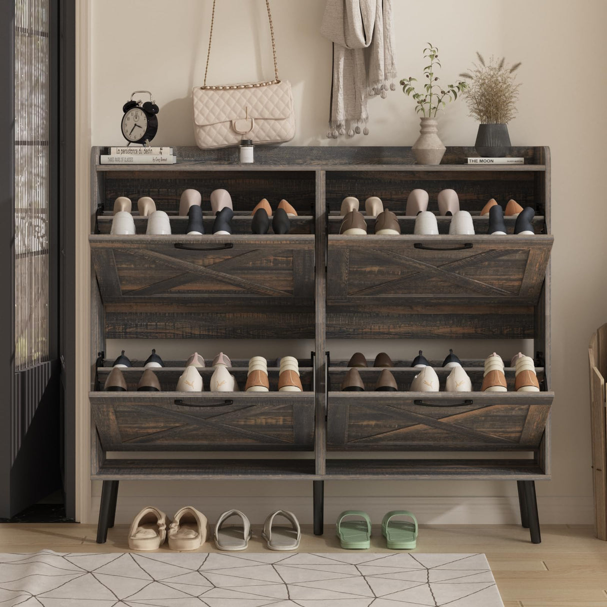 Maupvit Large Shoe Cabinet with 4 Flip Drawers, Freestanding Shoe Cabinet Organizer with Metal Drawer Bracket, Shoes Storage Cabinet for Entryway, Maupvit