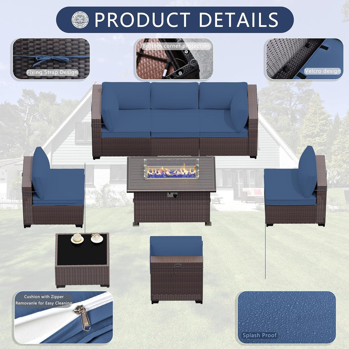 ASJMR 11 Pieces Patio Furniture Set with 2 Swivel Chairs Patio Furniture Outdoor Sectional Sofas with 55000 Gas Fire Pit Patio Conversation Set w/7 Cushions ASJMR