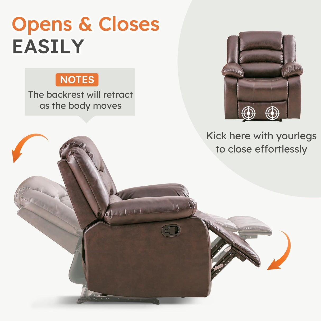 ANJ Recliner Chair, Breathable PU Leather Reclining Chair, Extra Wide Manual Recliners with Overstuffed Arm and Back, Single Sofa Chair for Living Room Bedroom(Dark Brown) ANJ