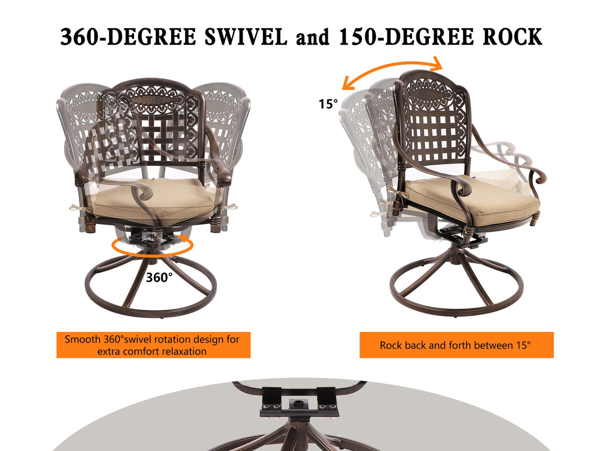 Grepatio 5 Piece Cast Aluminum Patio Dining Set Outdoor Furniture Set with 4 Mesh Swivel Rocker Ding Chairs, 4 Khaki Cushions and 35.4" Square Patio Table 2.4" Umbrella Hole, Antique Bronze Grepatio