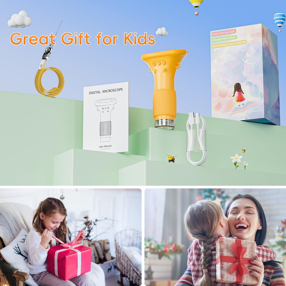 Microscope for Kids, SKYBASIC 2" IPS Screen 1000X Handheld Digital Microscopes HD Pocket Portable Mini USB Microscope Camera, PC Compatible, Science Edu Fun Birthday Gifts Toys for Children Students SKYBASIC