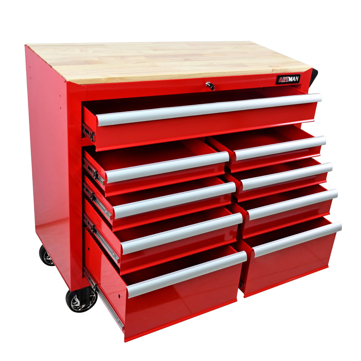 WTRAVEL Heavy Duty Rolling Tool Chest with 9-Drawer Wood Top Tool Cart Mechanic Tool Box with Wheels Tool Storage Cabinet Workbench High Capacity for Garage, Workshop, Repair Shop, Warehouse (Red) WTRAVEL