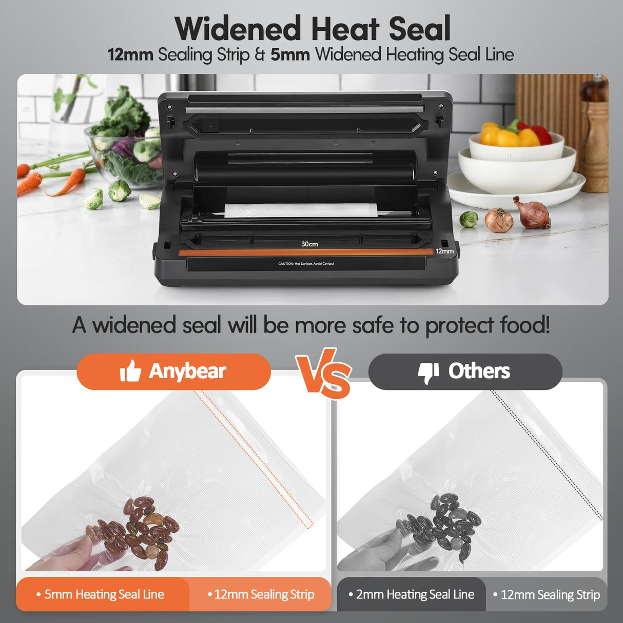 Anybear Vacuum Sealer Machine, 90kPa 120W Wide Seal All-IN-1 Powerful Food Storage, Build-in Cutter | Bags Storage | Digital Countdown Display | 2 Bag Rolls and 5pcs Pre-cut Bags (Silver Wood Grain) anybear