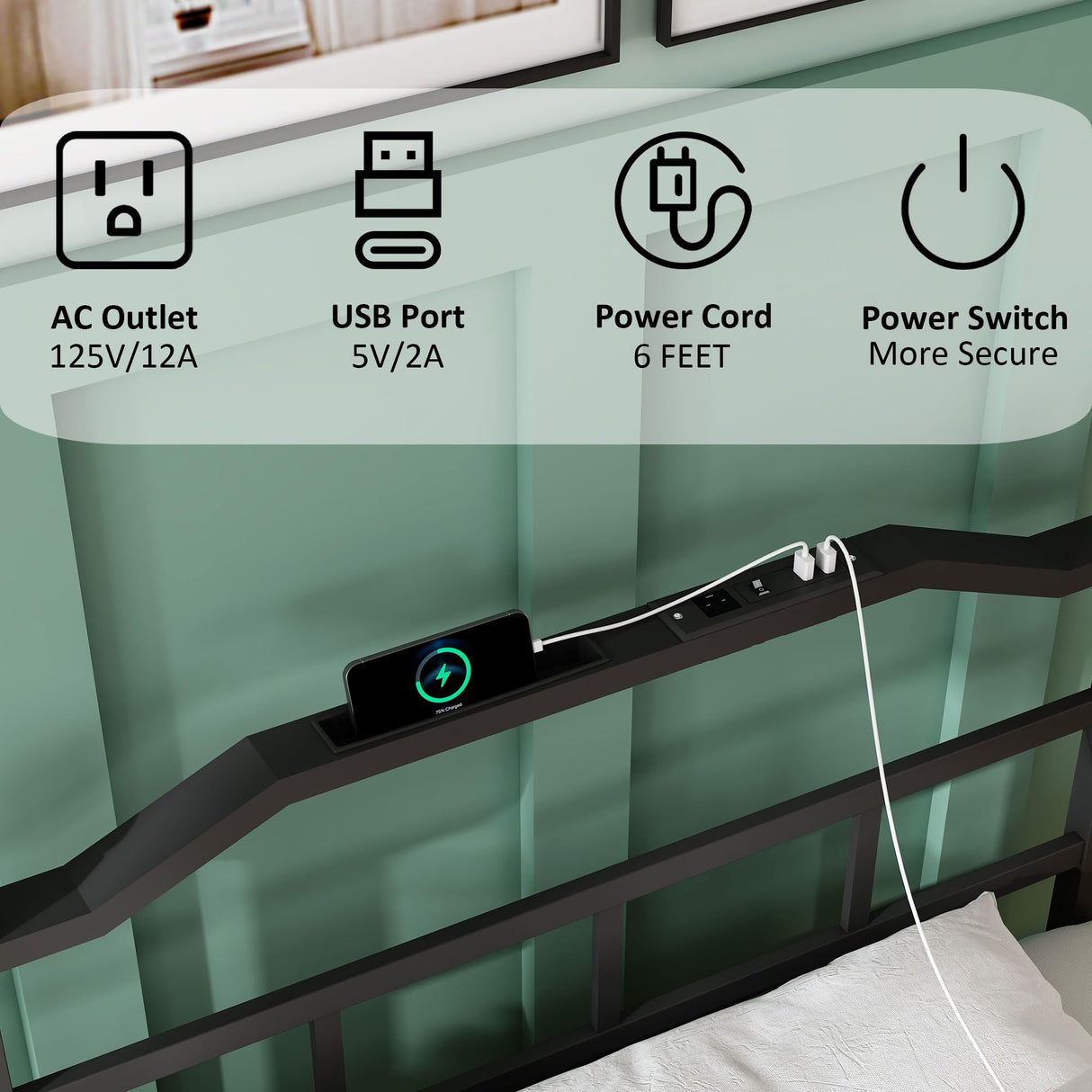 YORMDMO King Bed Frame with LED Lights, 14 inch Metal Bedframe with Headboard, Outlets & USB, Heavy Duty Basic Steel Slats Platform, Noise Free, No Box Spring Needed YORMDMO