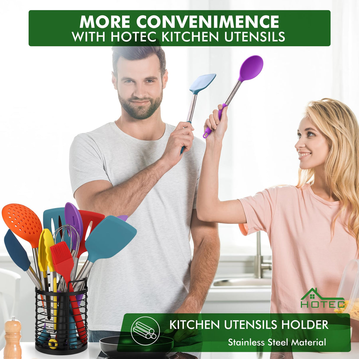 HOTEC Heat Resistant Silicone Kitchen Utensils, Cooking Utensil Set, Spatula Set, BPA Free, Kitchen Gadgets, Utensils Holder, Dishwasher Safe, 14pcs Multicolor HOTEC