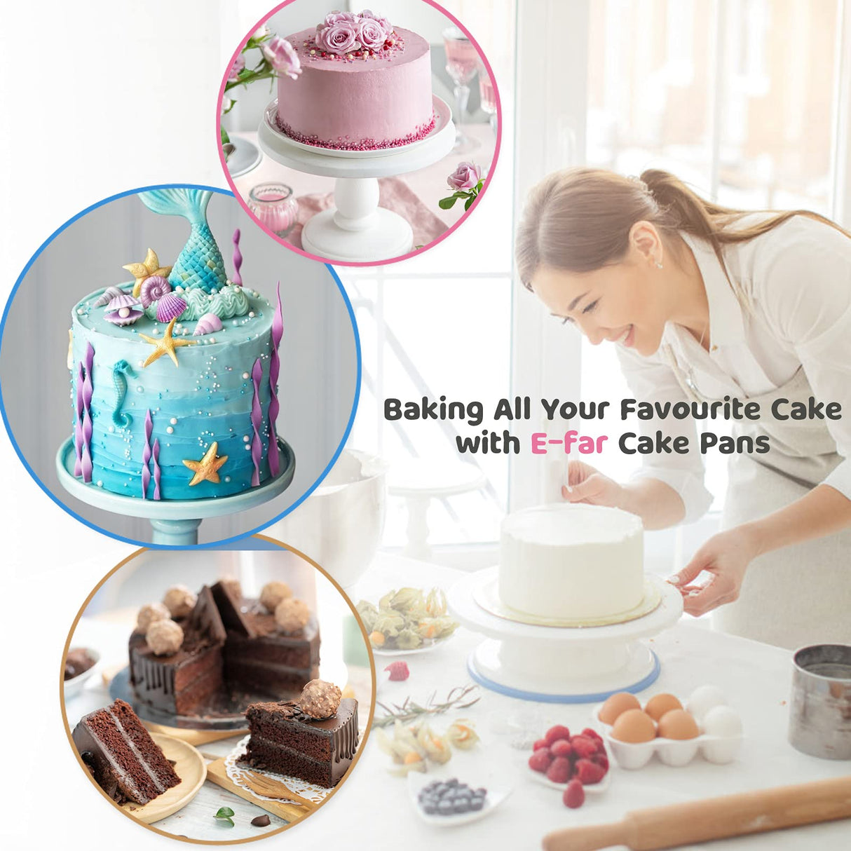 E-far 8 Inch Cake Pan Set of 3, Stainless Steel Round Layer Cake Baking Pans, Non-Toxic & Healthy, Mirror Finish & Dishwasher Safe E-far