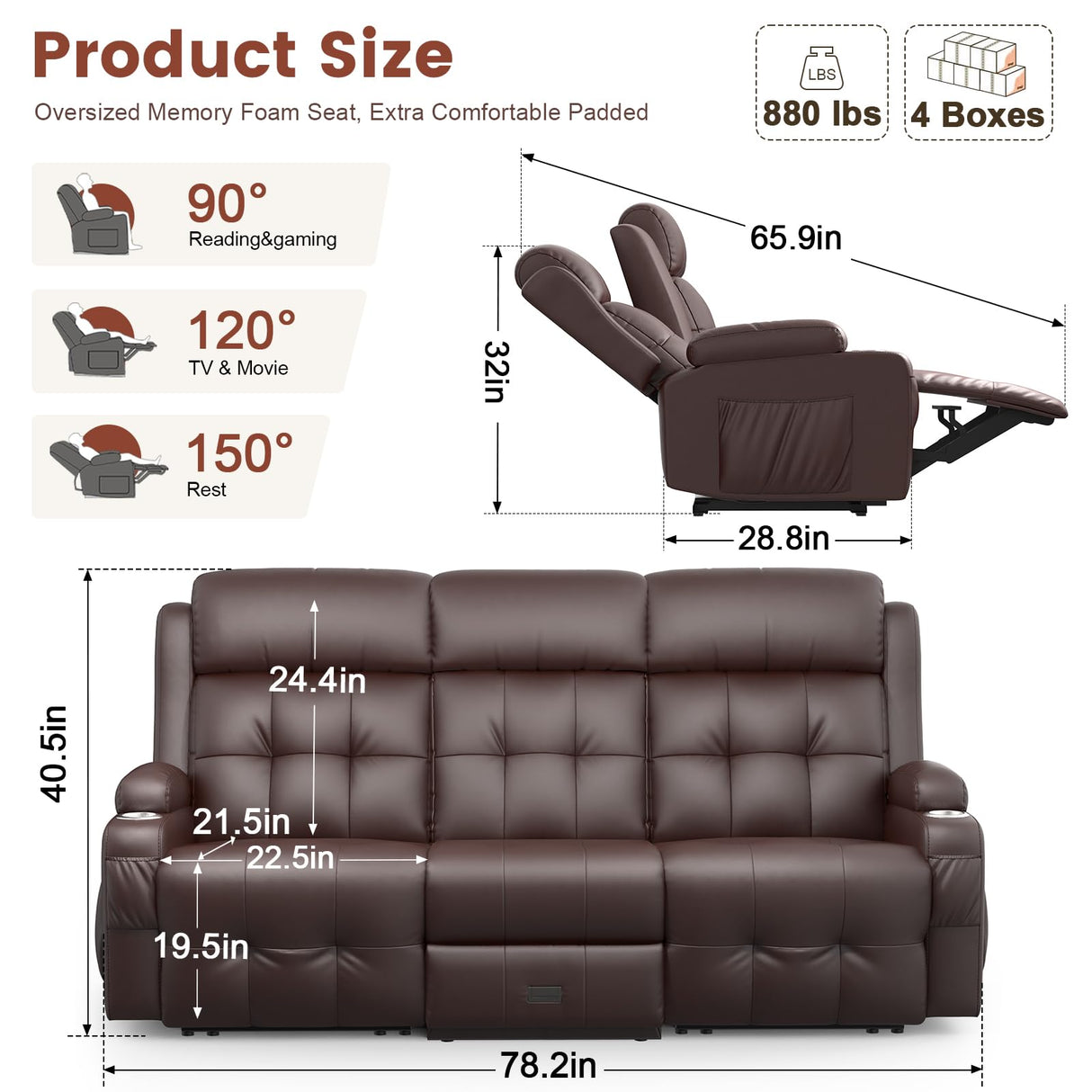 Recliner Sofa, Massage Reclining Sofa 3 Seater Sets Heavy Weight Capacity, RV Loveseat Couch Clearance with Flip Back Console, Storage, Cup Holders, Wall Hugger Reclining Couch for Living Room Aotolo
