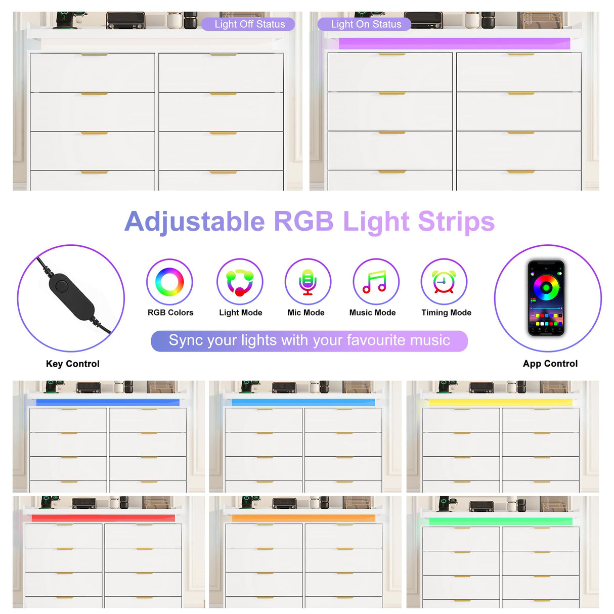 UNIQUITE 8 Drawer Dresser for Bedroom, White Dresser with LED Lights and Power Outlet, Wooden Dressers Chests of Drawers, Double Wide Dressers for Bedroom, Living Room, Hallway UNIQUITE