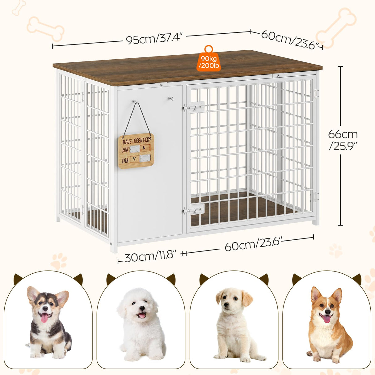 YATINEY Foldable Dog Crate Furniture, Dog Crate with DIY Frame, Heavy Duty Dog Kennel Indoor with Hooks, Wooden Dog Cage End Table, for Small/Medium Dogs, White and Walnut DC95WH YATINEY
