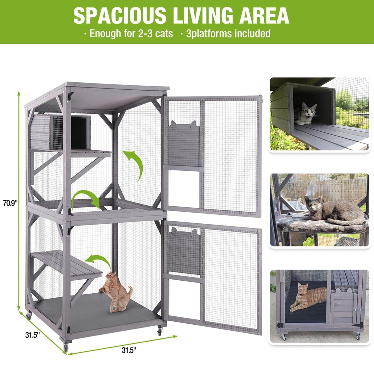 GUTINNEEN Cat House Mobile Catio for Outdoor Enclosure with Waterproof Roof Feral Cat Cage On Wheels,Bird Cage with Upgraded Resting Box,70.9" GUTINNEEN