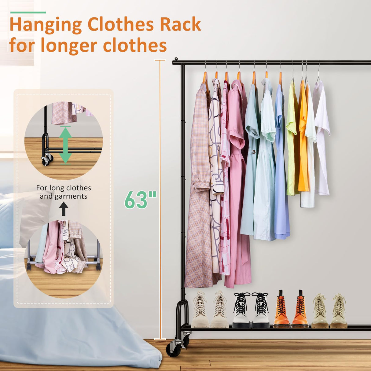 SLEEPING LAMB Heavy Duty Clothing Racks for Hanging Clothes Rack, 43" Wide Rolling Garment Rack Metal Clothing Hanger Rack with Wheels Wardrobe Rack for Coats, Shirts, Dress, (Black) SLEEPING LAMB