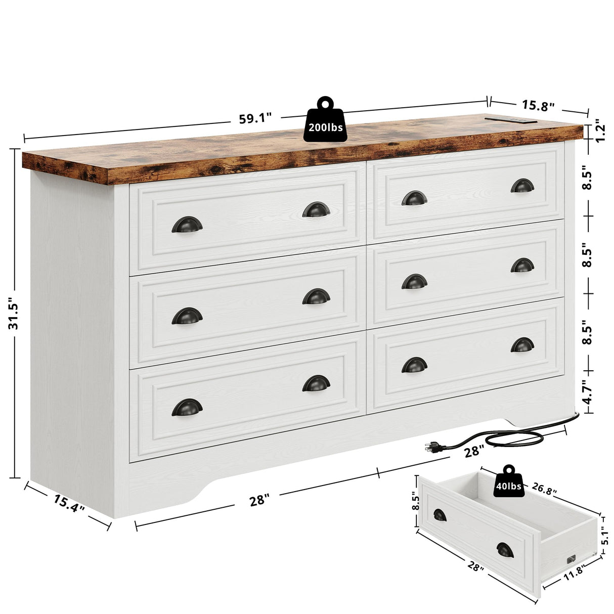 LIKIMIO 59" 6 Drawers Dresser for Bedroom, Power Strip, Farmhouse Large Wood Dressers & Chest of Drawers with Wide Storage Cabinet, Rustic Brown & White LIKIMIO