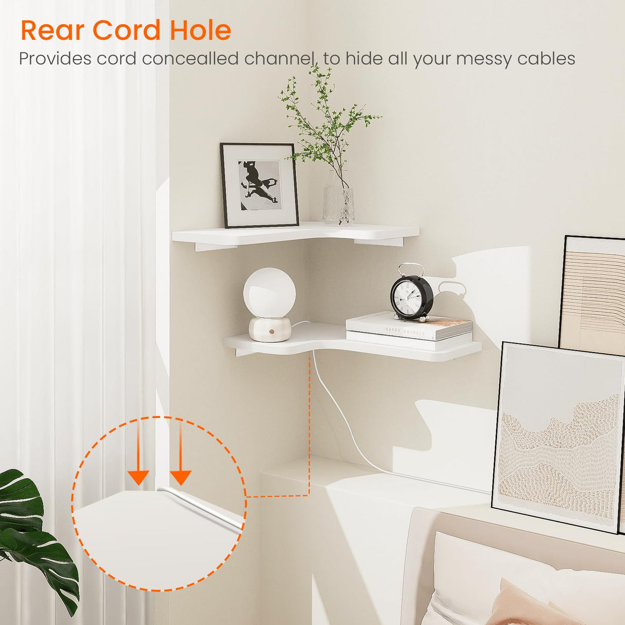 Homode Corner Floating Shelves, Set of 3 Corner Wall Shelves with Wire Hole, L-Shaped Wood Hanging Storage Shelf for Wall Decor, for Bathroom Kitchen Bedroom, White Homode