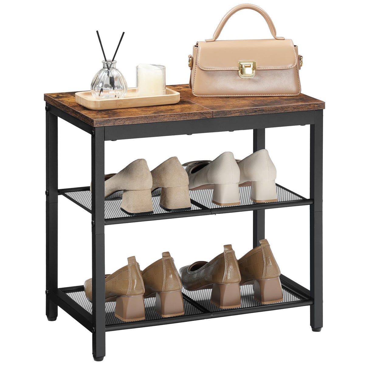 HOOBRO Shoe Bench, 3-Tier Shoe Rack, Industrial Shoe Organizer Storage Bench, 19.7 inches Entry Bench with Mesh Shelves, for Entryway, Living Room, Hallway, Easy Assembly, Rustic Brown BF50HX01 HOOBRO