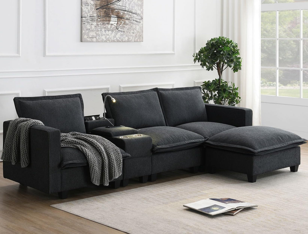 Merax 109" x 57" Modular Sectional Couches Sofa with Console, USB Charging Port, Reading Light, Cup Holder, Storable, Chenille Chaise Lounge for Living Room, Apartment Furniture, Grey Merax