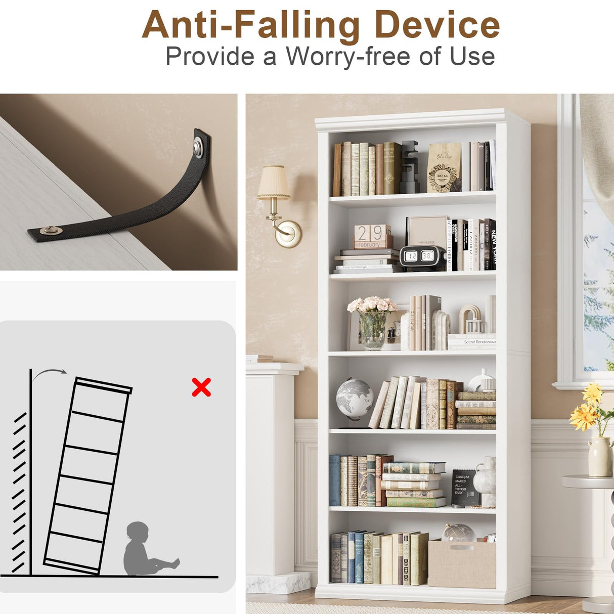 Rresyet Bookcase and Bookshelves, 28" W Tall Bookshelf with Elegant Design, 6 Tiers Spacious Book Storage, Freestanding Book Organizer, Display Library Shelf for Home Office, Living Room & Study Room Rresyet