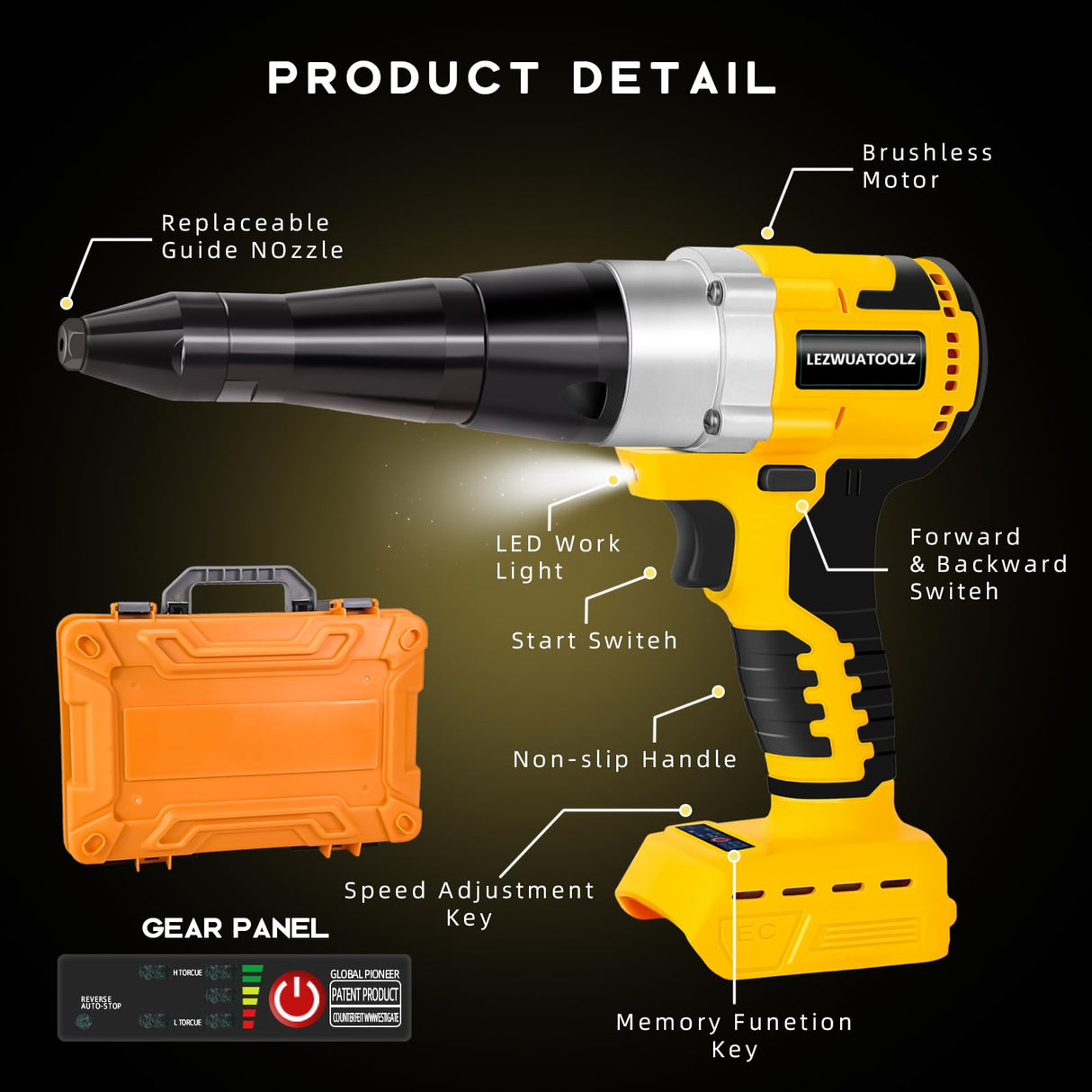 Lezwuatoolz Cordless Rivet Gun Tool Compatible with Dewalt 20V Max Battery(No Battery), Brushless Electric Automatic Rivet Gun for Rivets 1/8'', 5/32'', 3/16", for Metal, Plastic and Leather Lezwuatoolz