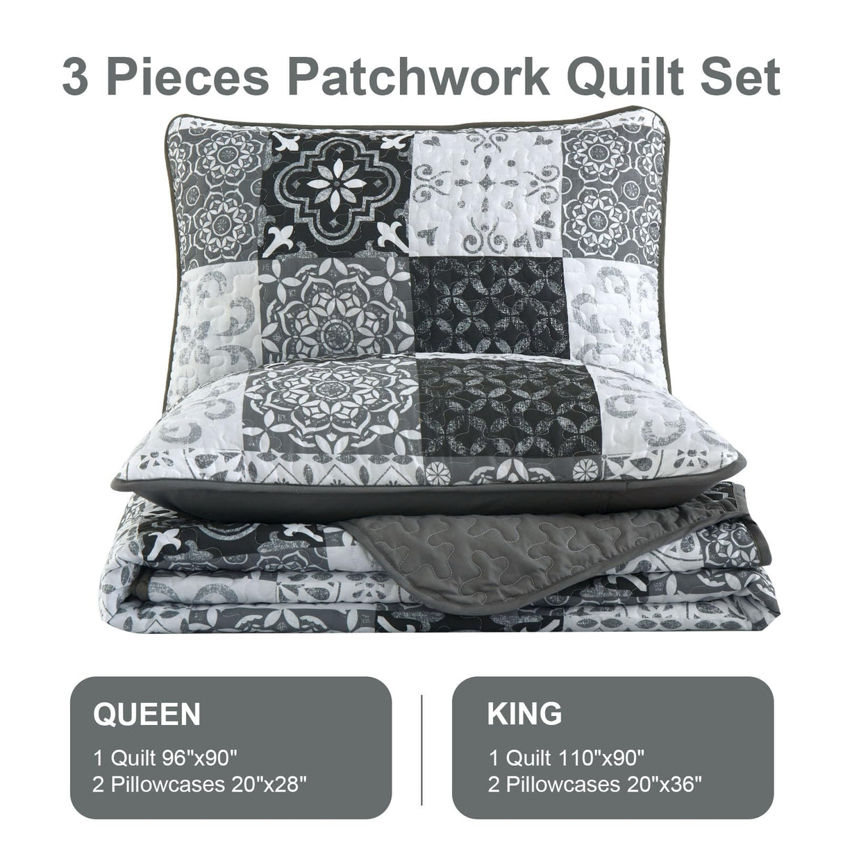 Dobuyly Grey Black Quilt Set Queen Size, Boho Plaid Patchwork Bedspreads Coverlet Set, 3 Pieces Soft Lightweight Microfiber Farmhouse Quilt Bedding Set for All Seasons 96"x90" Dobuyly