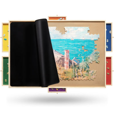 Rnice 1500 Rotating Puzzle Board Pro, with 6 Drawers, Rubber Cover Mat, 34" x 25", 360° Lasy Susan, Sort-Wise Colorful Felt Drawers & 4 Trays, Wooden Jigsaw Puzzle Table, Birthday Gifts for Mom