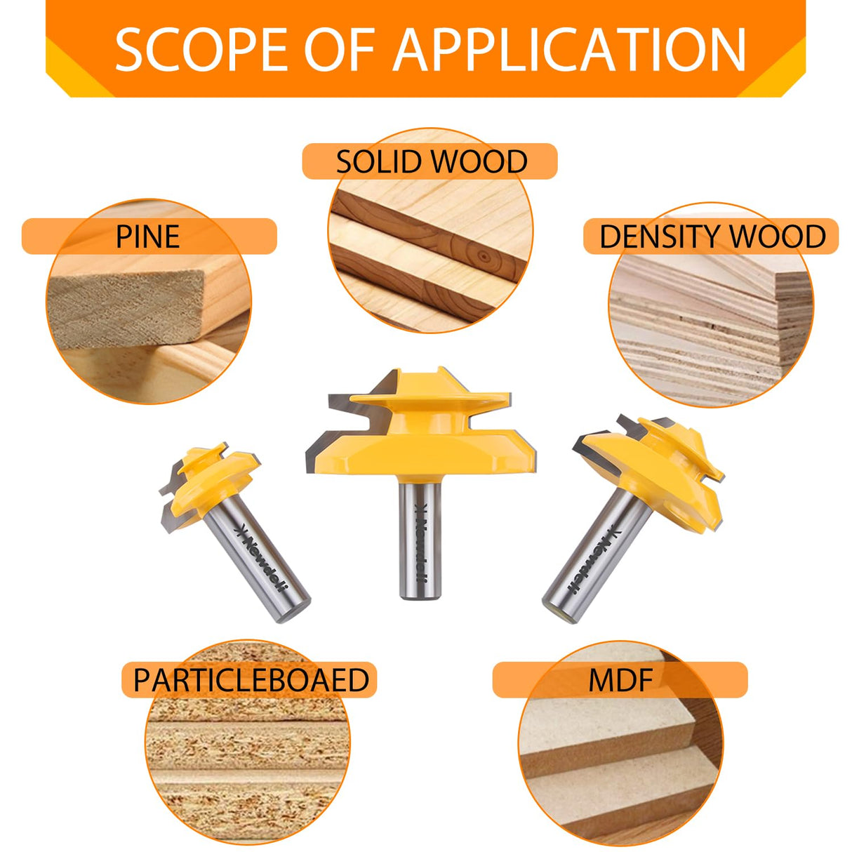 Newdeli 3PCS 45 Degree Lock Miter Router Bit Set 1/2 Inch Shank for 1/2”, 3/4", 1" Cutting Height Joint Router Bits for Creating Lock Miter Joint Newdeli