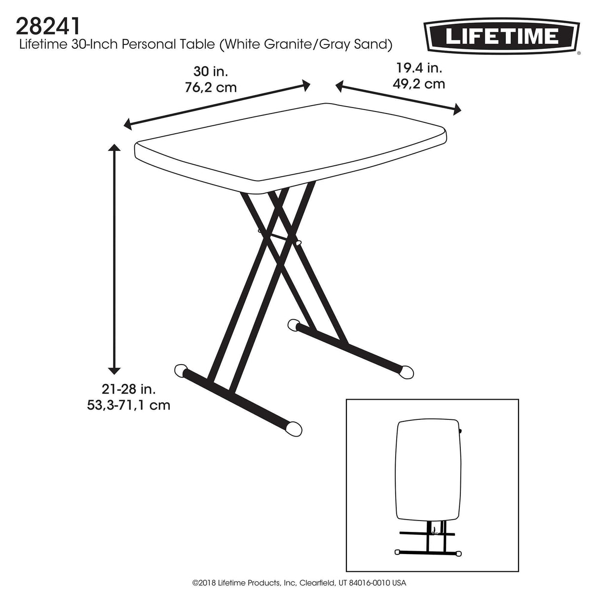 Lifetime 28241 Adjustable Folding Laptop Table TV Tray, 30 Inch, White Granite Lifetime