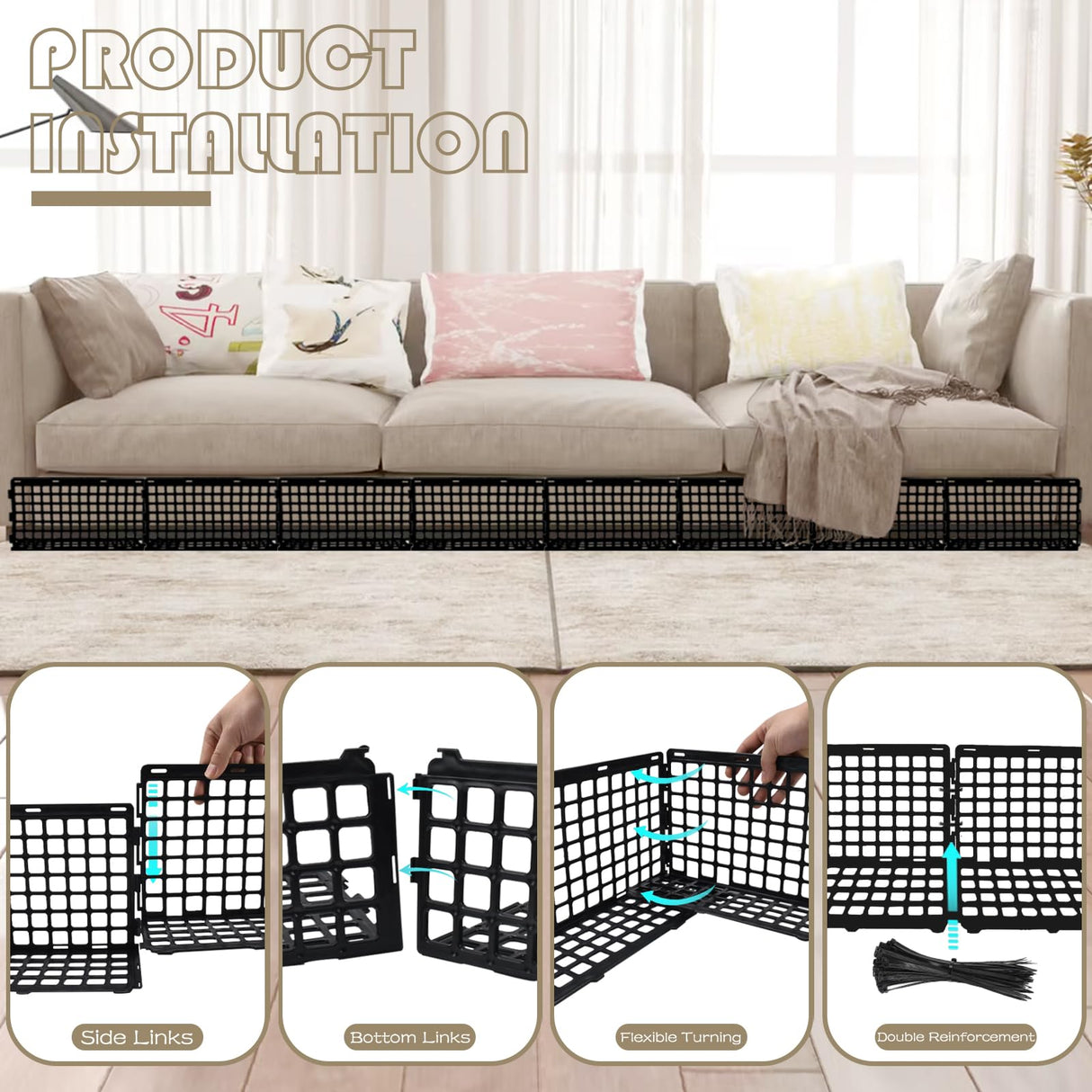 12 Pcs Under Couch Blocker for Bed Adjustable Furniture Plastic Under Bed Blocker with 30 Ties Black Couch Barriers for Dogs Pets Cats (Style 1) Aifong