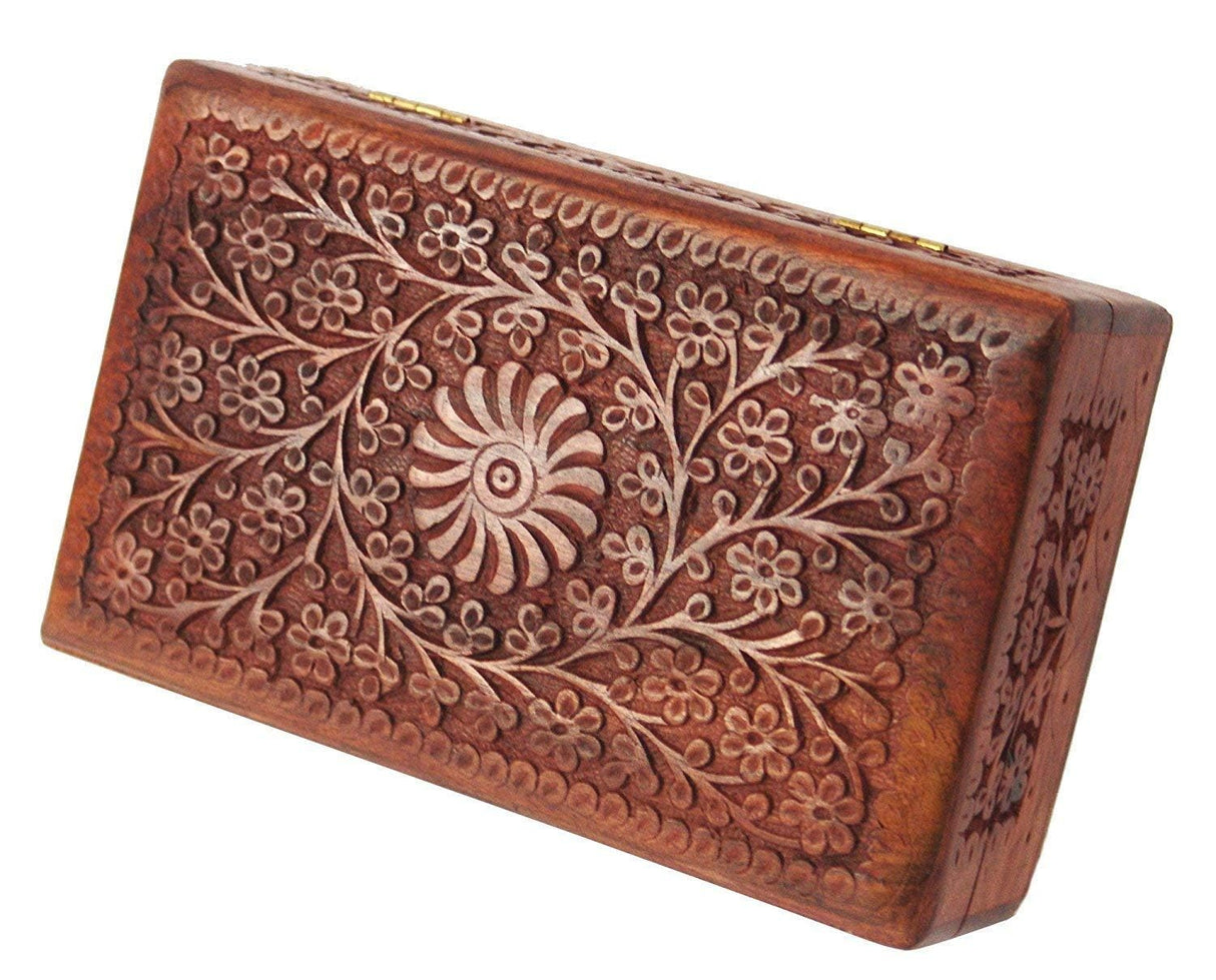 Ajuny Wooden Handcarved Decorative Jewelry Storage Box Flower Design Multipurpose Treasure Chest Keepsake Organizer Necklaces Watch Boxes Great for Gifts 10x6 Inch Ajuny