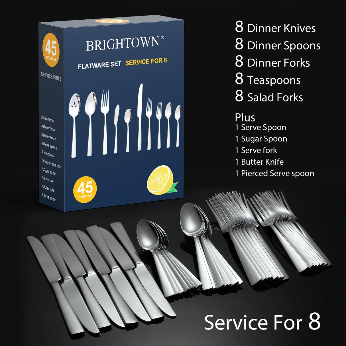 45-Piece Silverware Set Flatware Cutlery Set Service for 8, Durable Stainless Steel Tableware in Ergonomic Design Size and Weight, Kitchen Utensil Sets with Steak Knives, Rust-proof, Dishwasher Safe Brightown