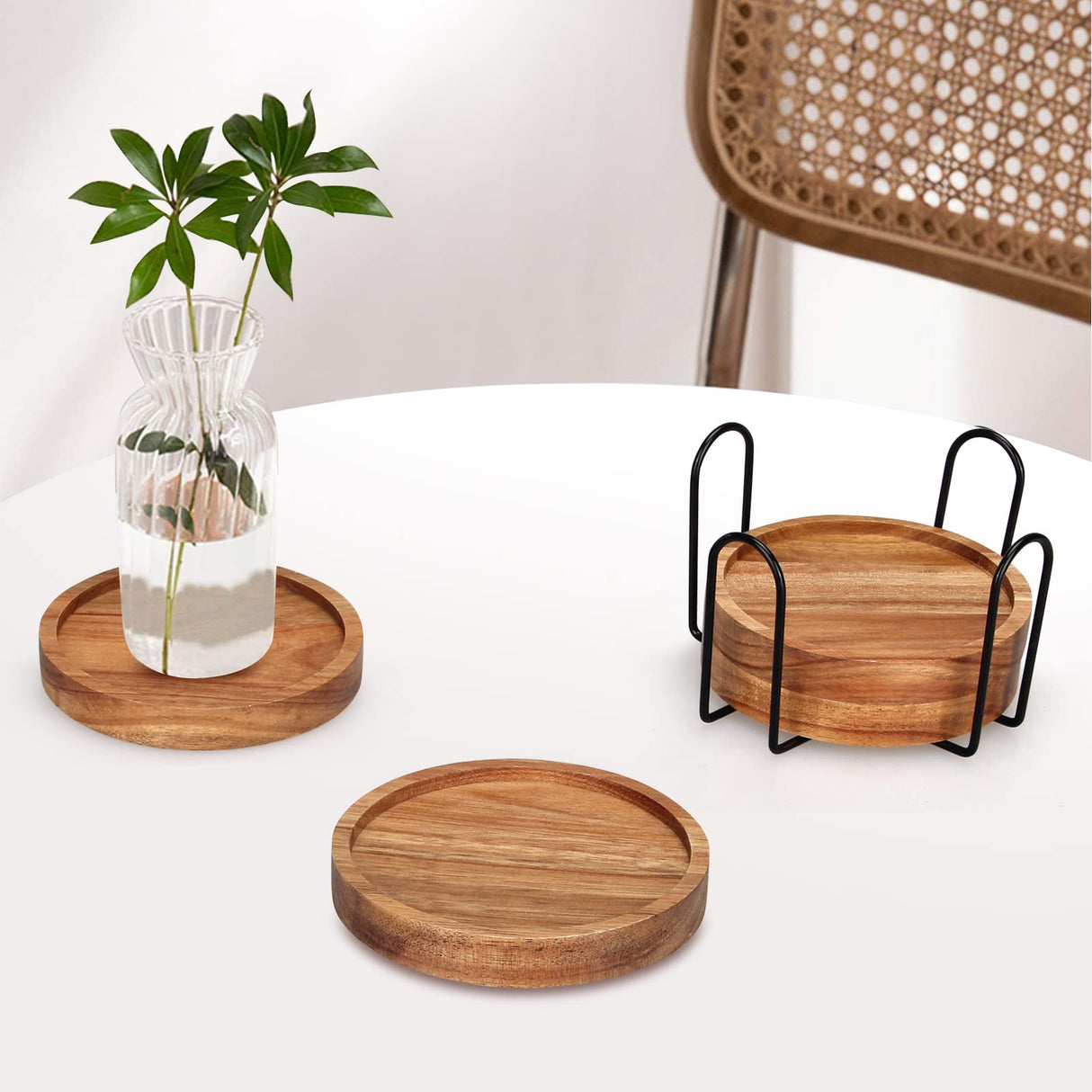 4 Pcs Farmhouse Wooden Coasters with Holder Cute Wood Drink Coaster Set Outdoor Beer Coaster Home Decoration Coffee Table Decor Gift Beverage Cup Coasters Bar Dining Table Accessories Modern Coasters Renawe
