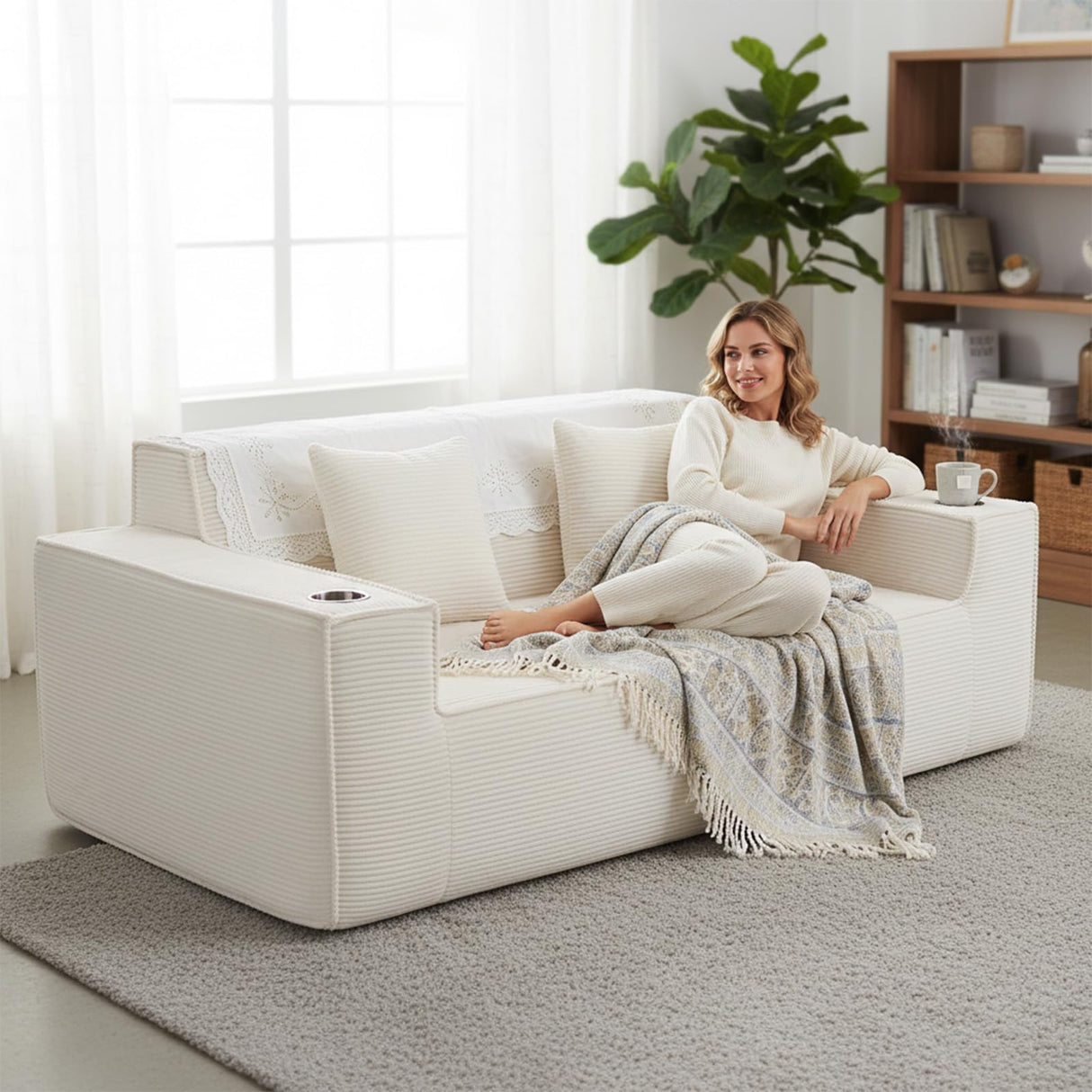 ATOMHOME 75'' Cloud Loveseat Sofa, Boneless Couch with Cup Holder, No Assembly Required Cloud Couch, Comfy Deep Seat Sofas, Corduroy Couches, Boneless Couches for Living Room Bedroom, Apartment, Beige ATOMHOME