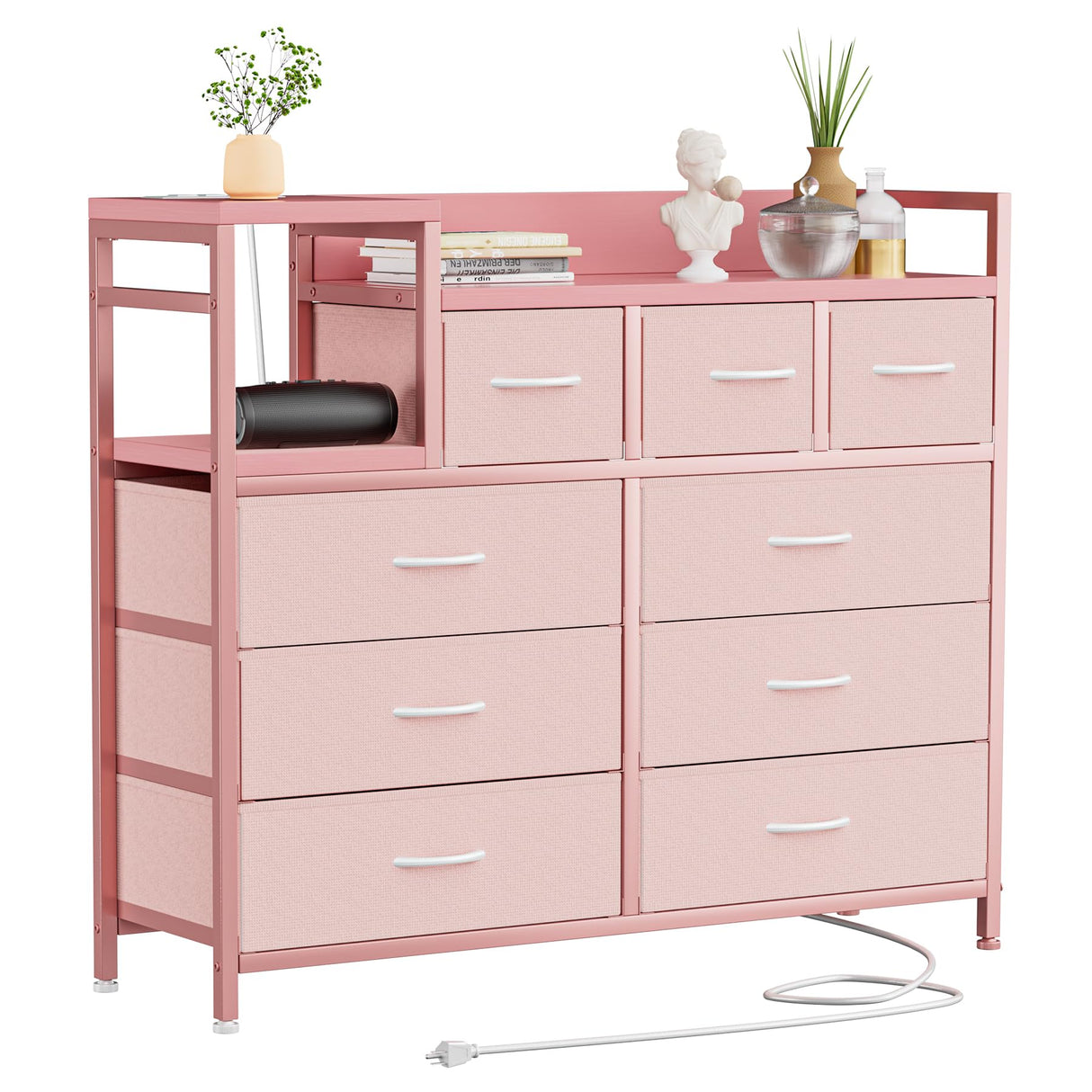 GAOMON Dresser TV Stand with Power Outlet, Bedroom Dresser with 9 Drawers, Chest of Drawers for Living Room, Hallway(Pink) GAOMON